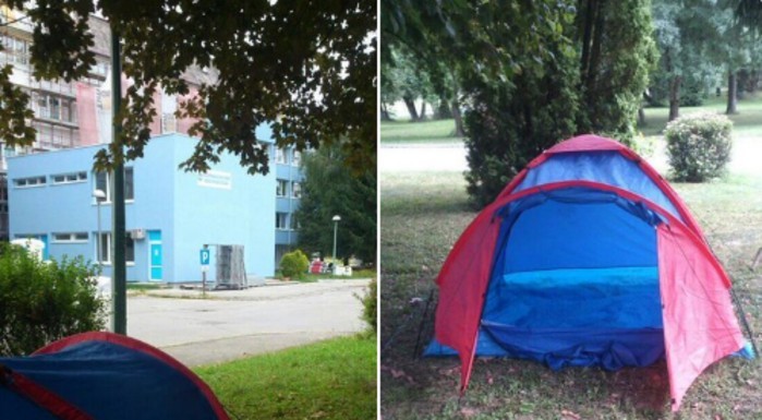 Otac postavio šator ispred bolnice kako bi mogao razgovarati sa sinom (7) preko voki-tokija
