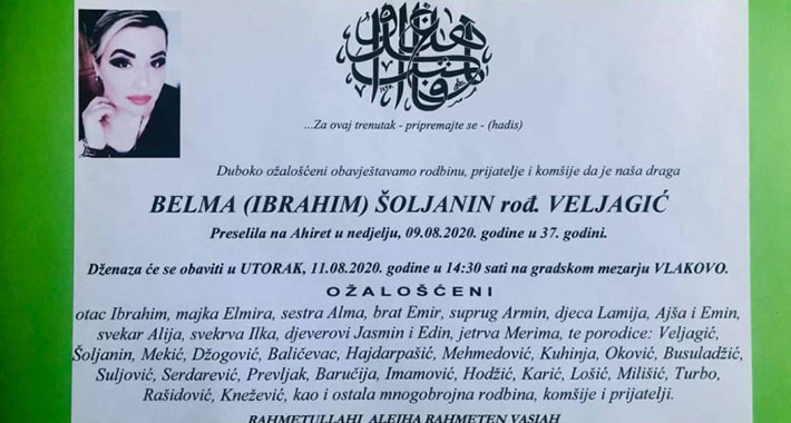 Objavljen termin i mjesto dženaze majci troje djece Belmi Šoljanin