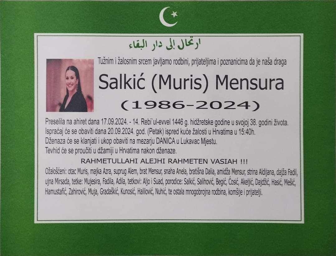 Danas dženaza Mensuri Salkić, sestri nekadašnjeg učesnika showa 'Zvijezda možeš biti ti'